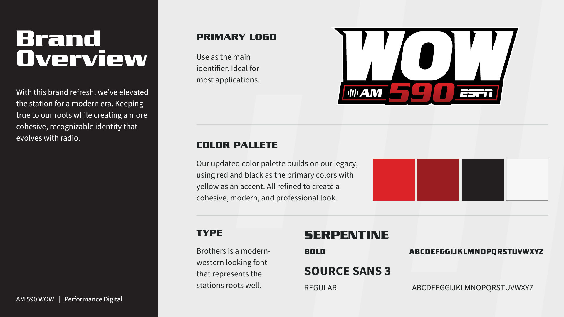 Brand overview and logo style guide with WOW radio logo, fonts, and red-black-white color palette