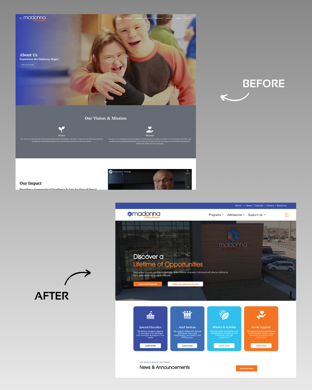 Before and after comparison of a website redesign for