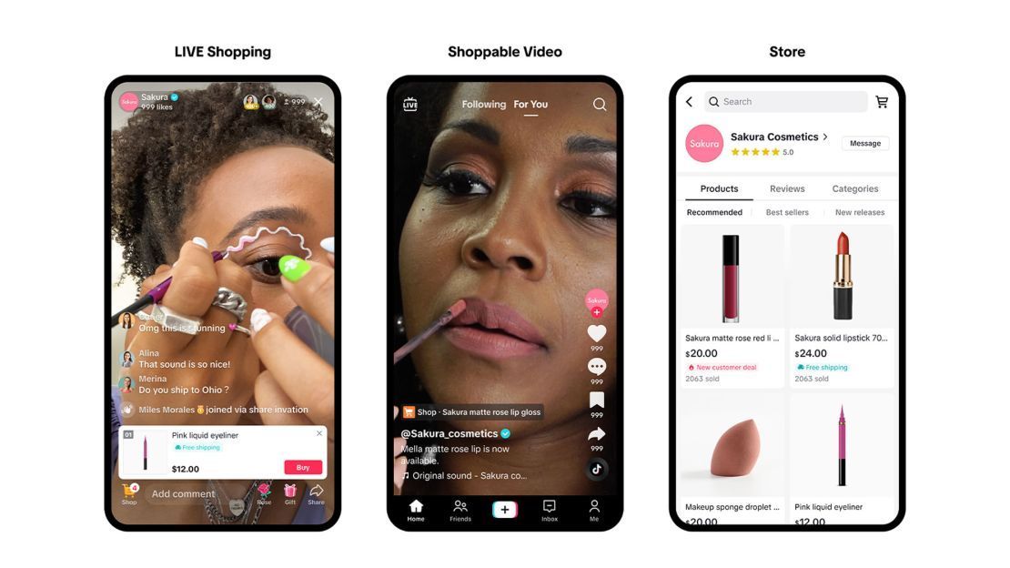 A woman is applying makeup on her face with the makeup items shown