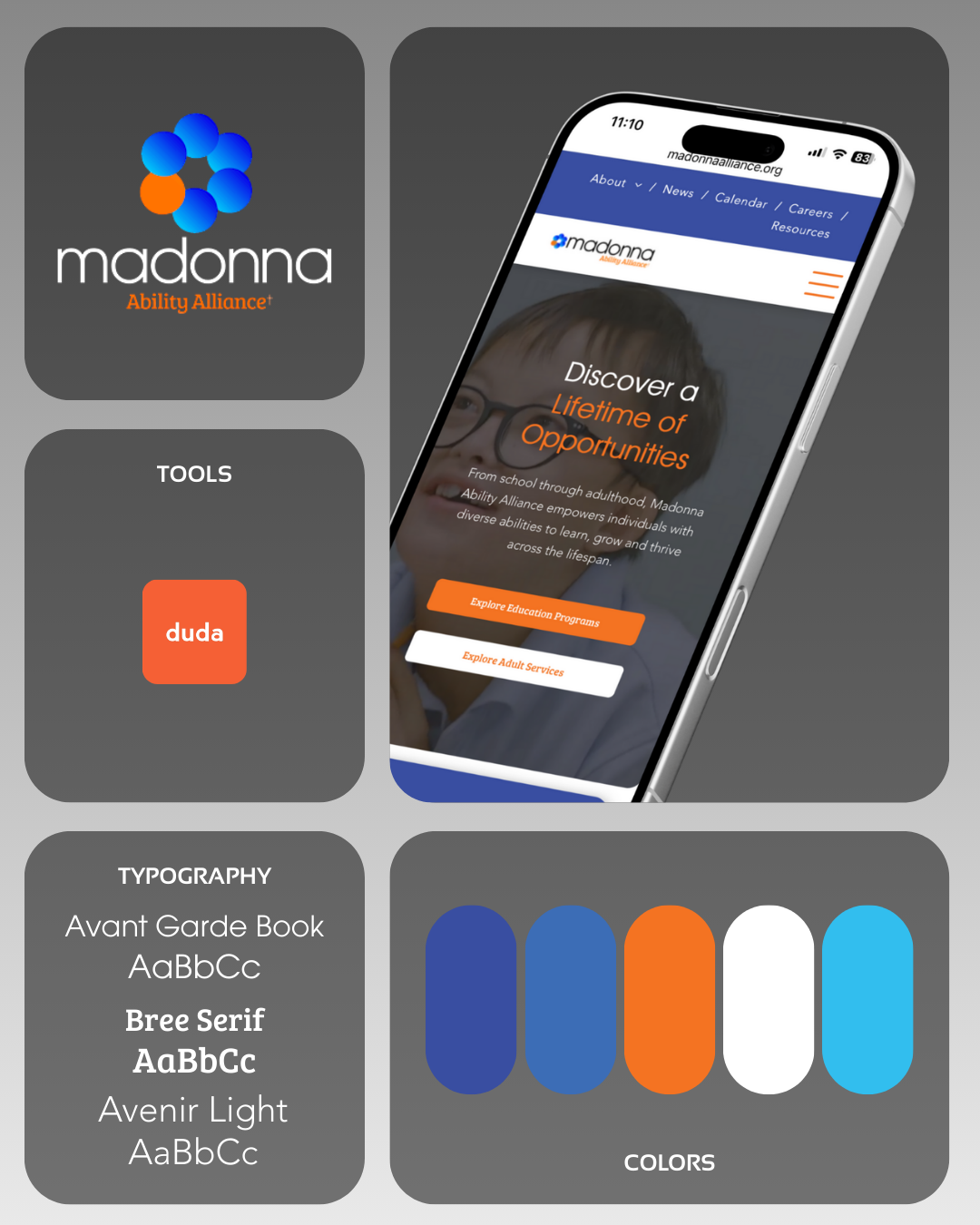 A brand style guide for Madonna including a logo, mobile interface mockup, typography examples, and a five-color palette.