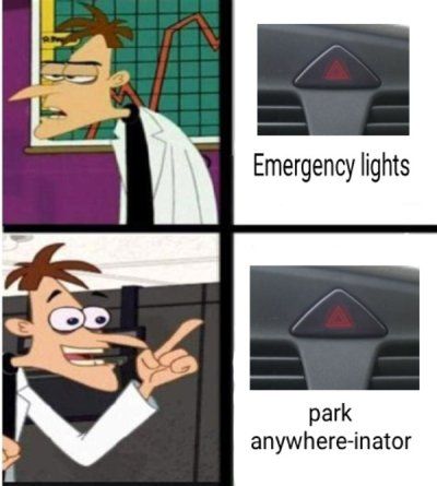A cartoon of perry the platypus talking about emergency lights and park anywhere inator