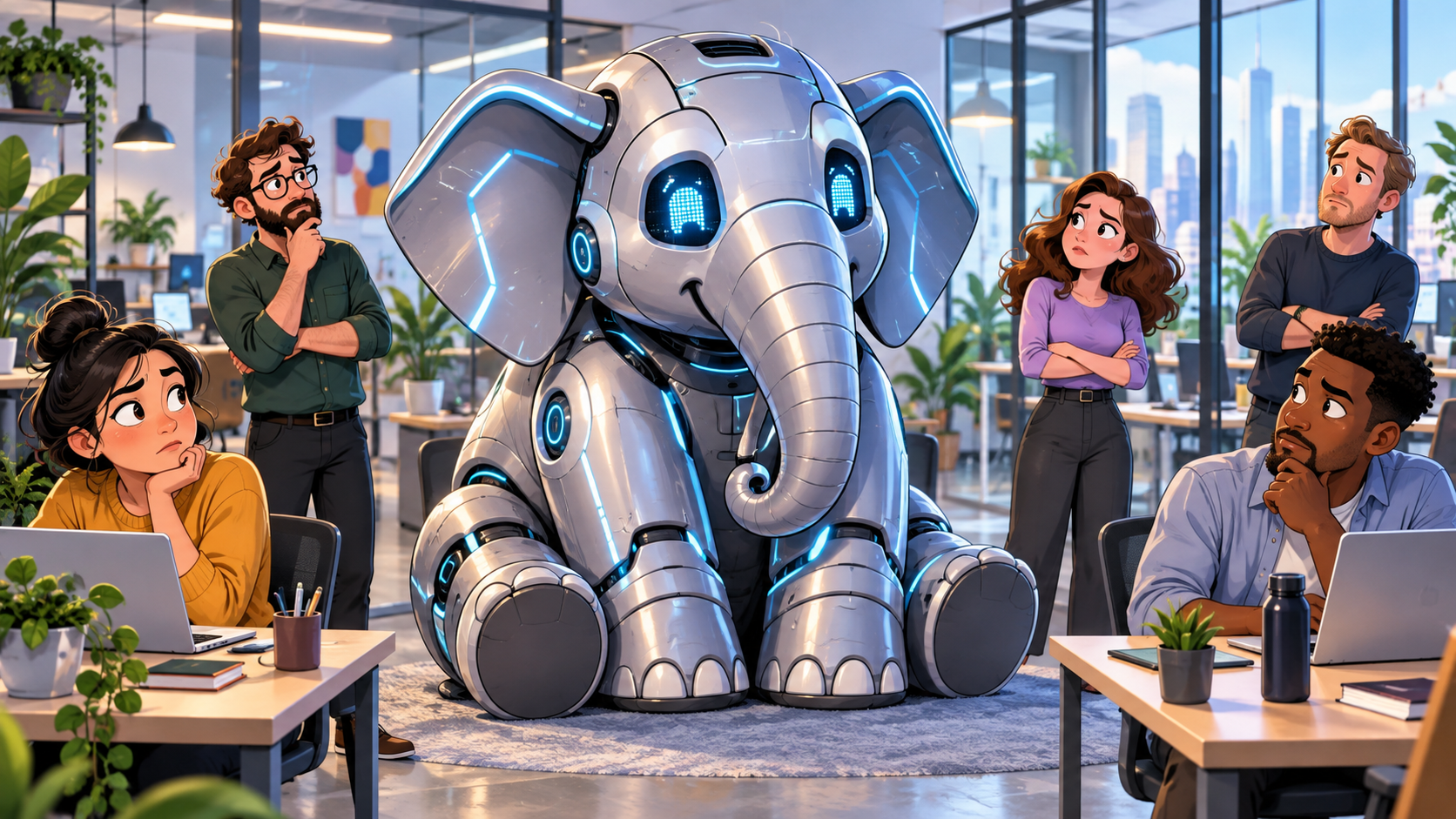 Robot elephant in a modern office, surrounded by coworkers watching it attentively