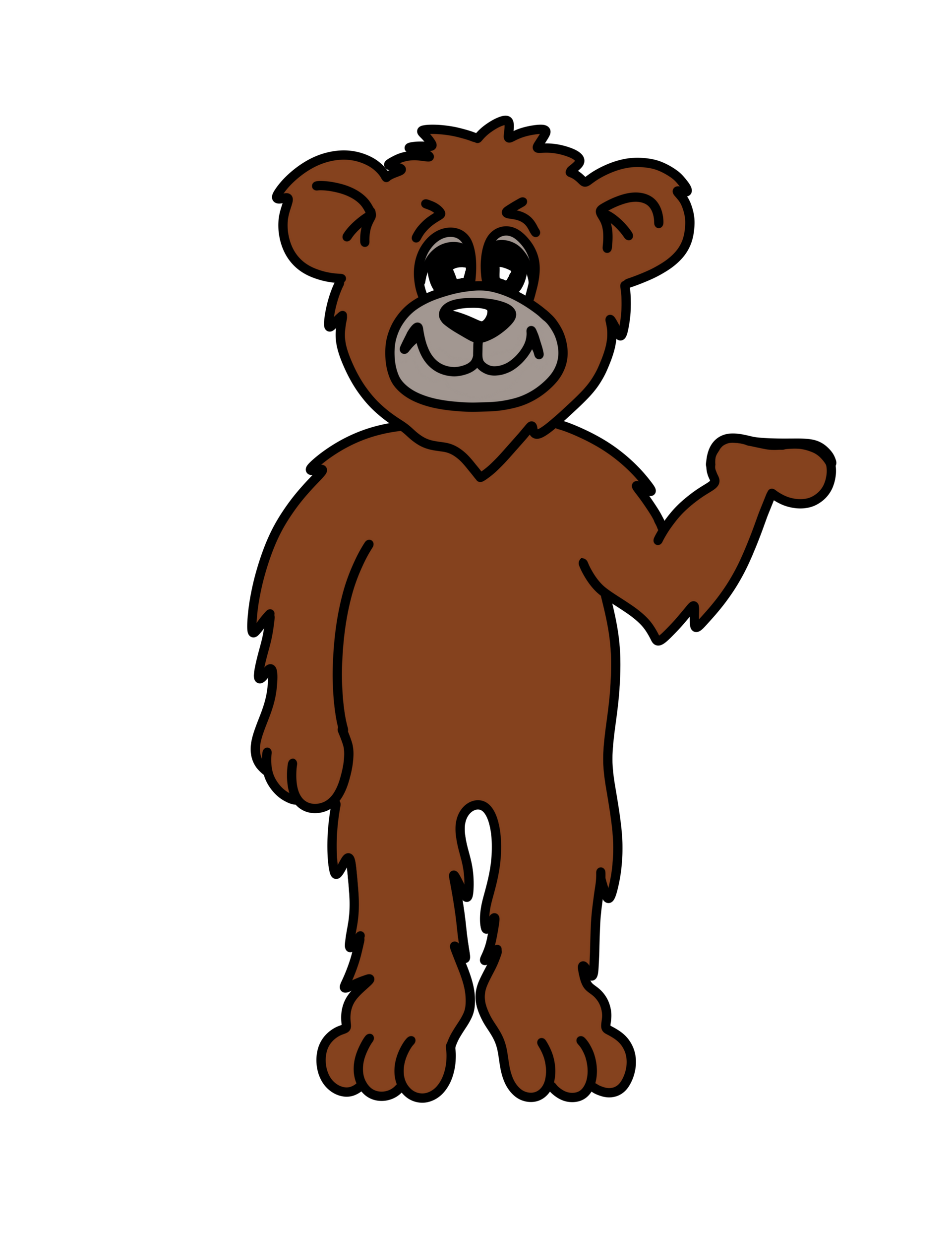 A cartoon brown bear standing and waving with its left hand, wearing a friendly expression.