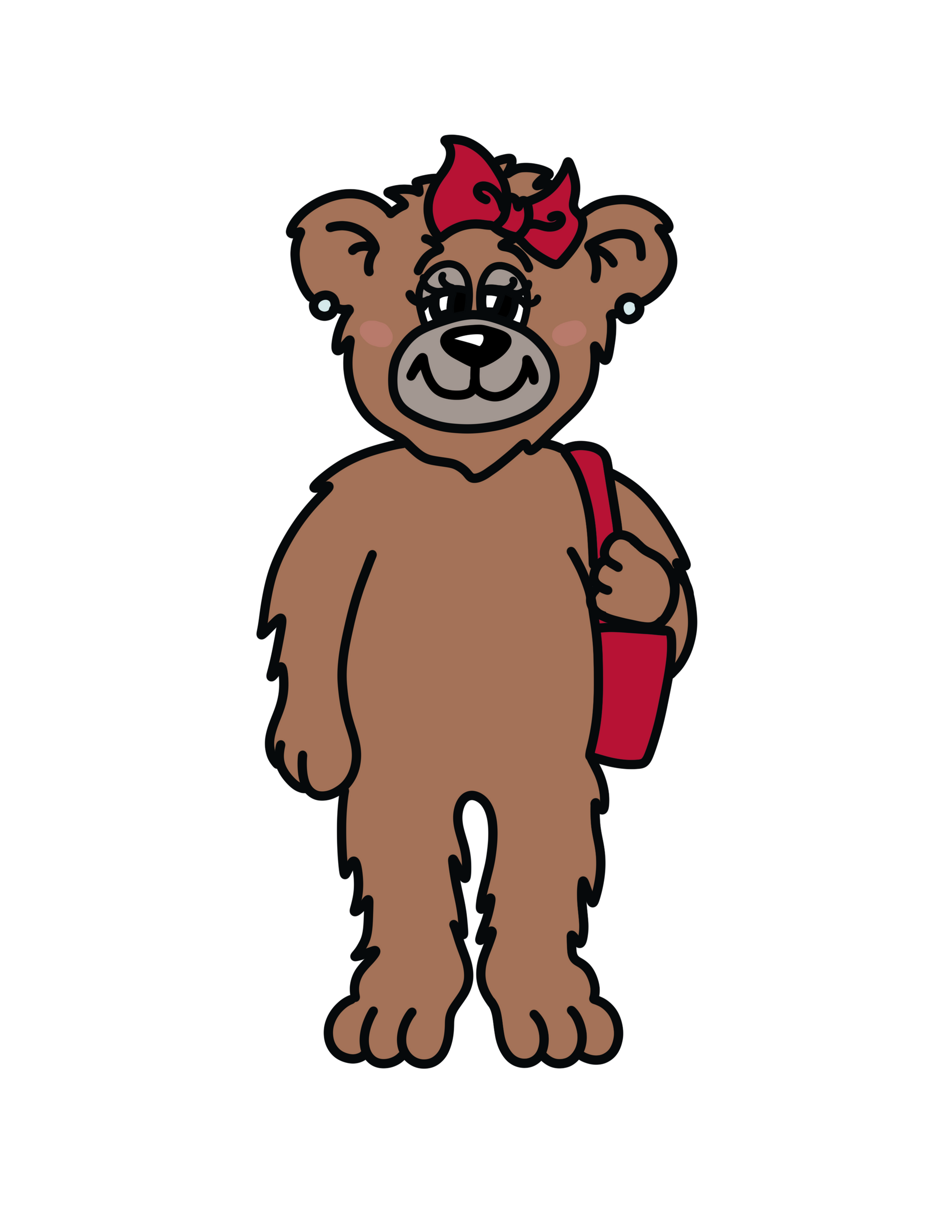 A cartoon brown bear wearing a red bow and earring, standing and carrying a red shoulder bag against a white background.