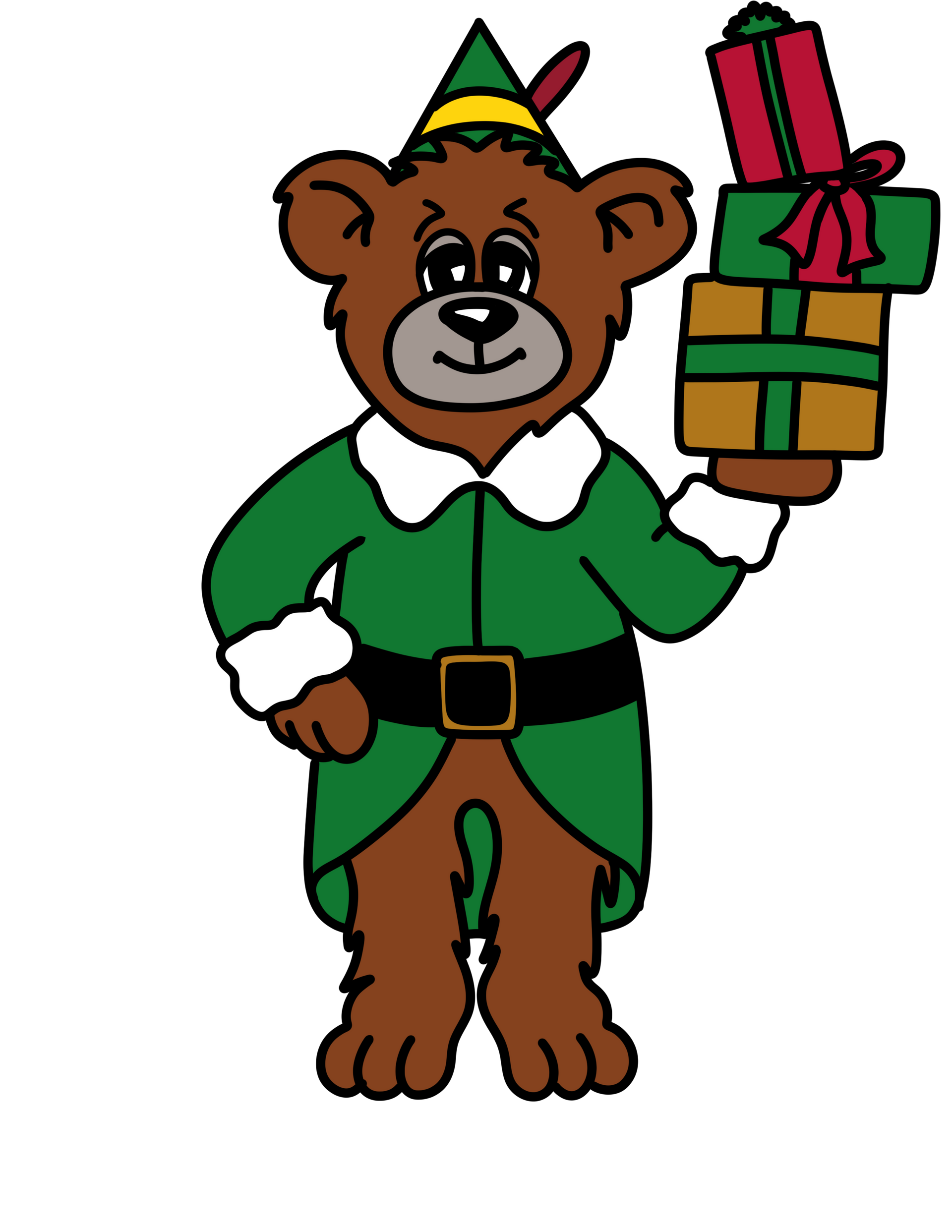 A cartoon bear wearing a green elf costume and hat, holding a stack of three colorful wrapped gifts.