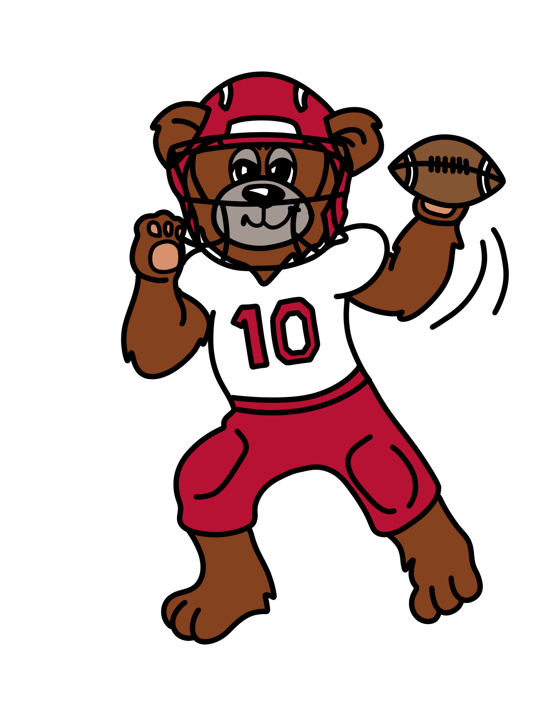 A brown cartoon bear mascot in a red helmet and uniform with the number 10, throwing a football.