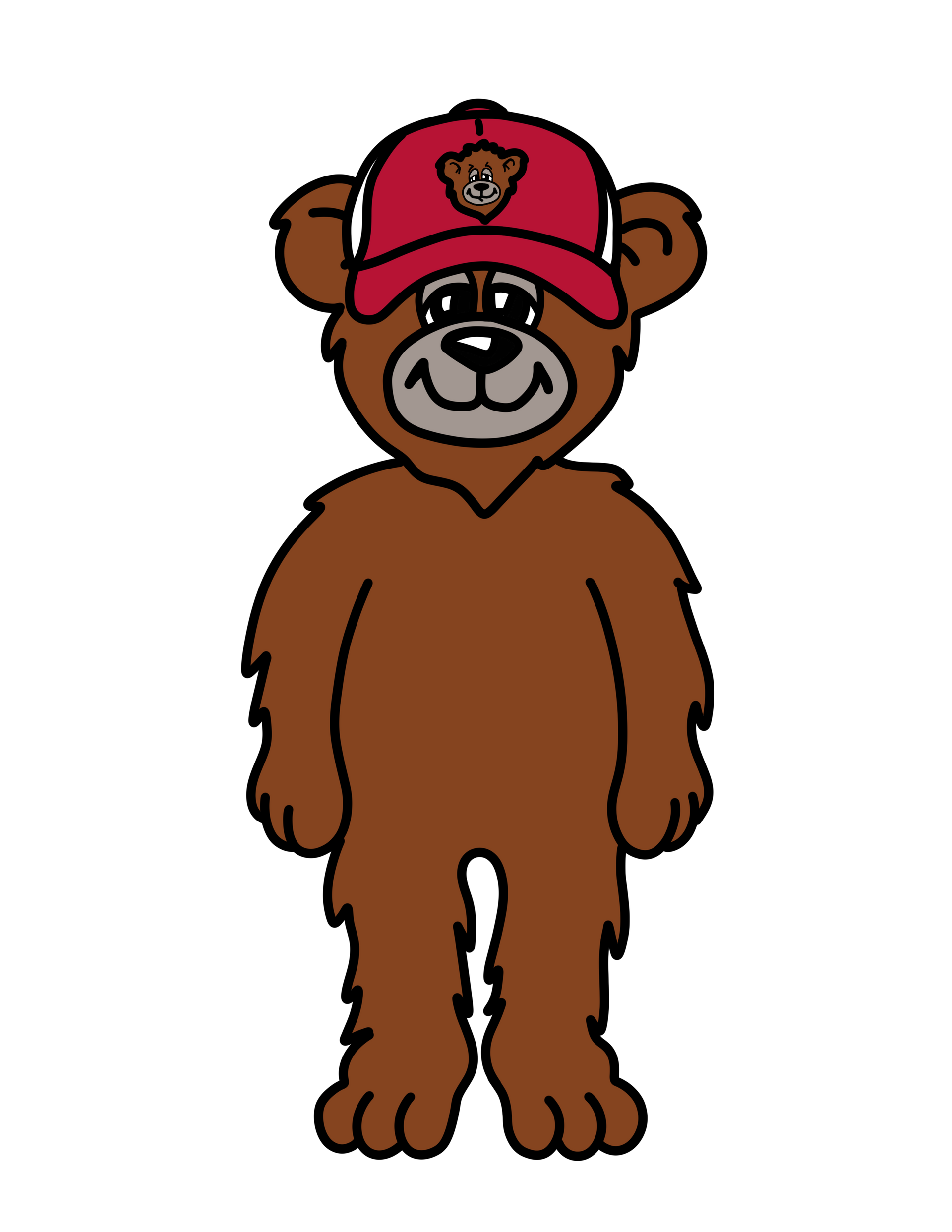 A brown cartoon bear standing upright, wearing a red baseball cap with a small bear logo on the front.