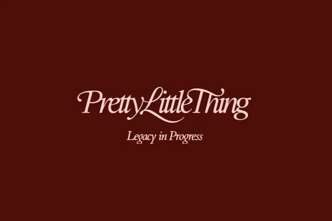 A logo for pretty little thing legacy in progress on a maroon background.