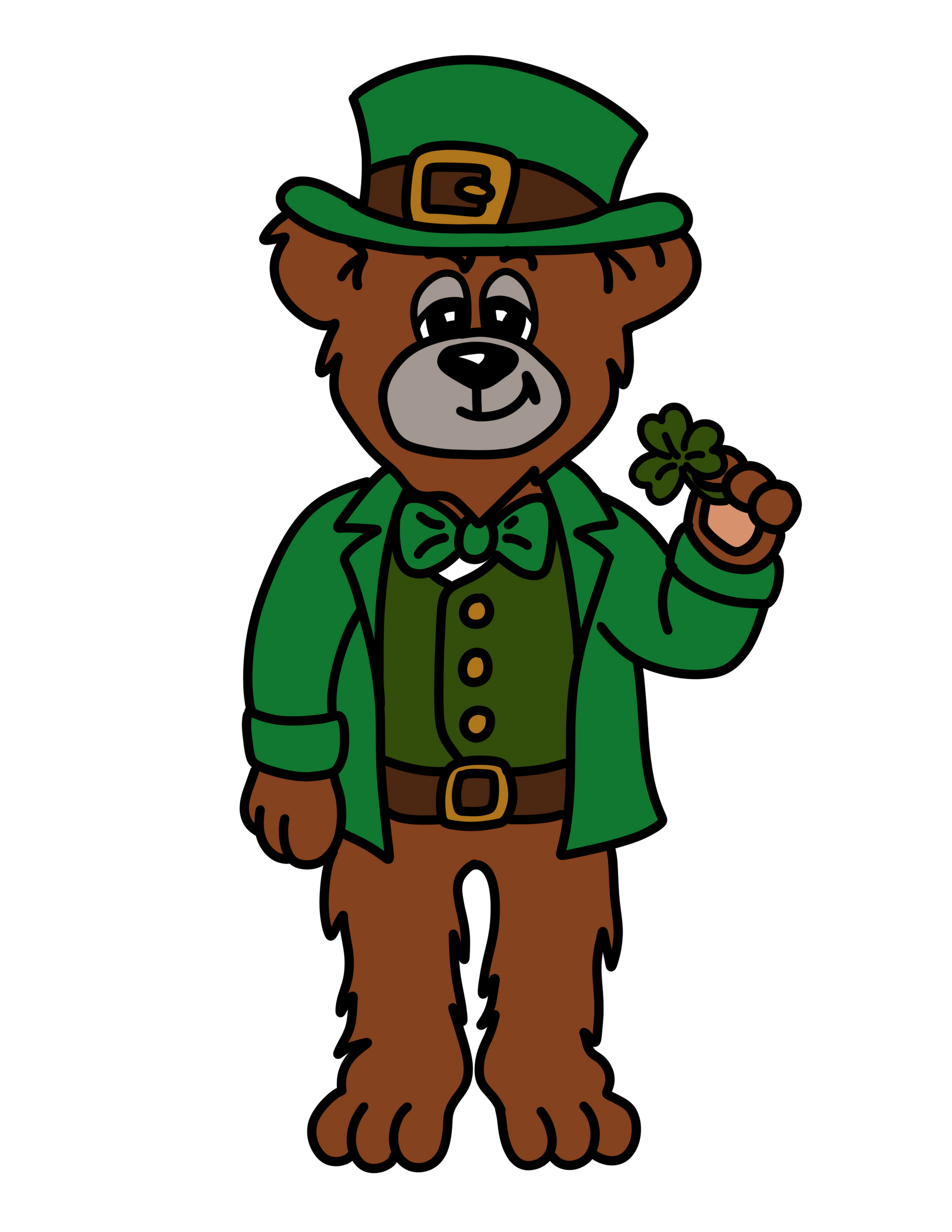 A brown teddy bear wearing a green top hat, bowtie, and vest, holding a four-leaf clover.