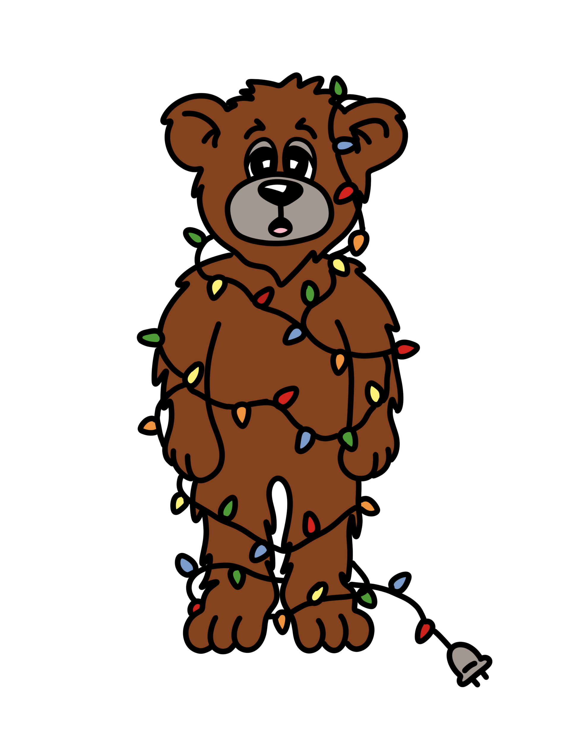 A brown teddy bear with a sad expression, wrapped from head to toe in tangled, colorful Christmas string lights.