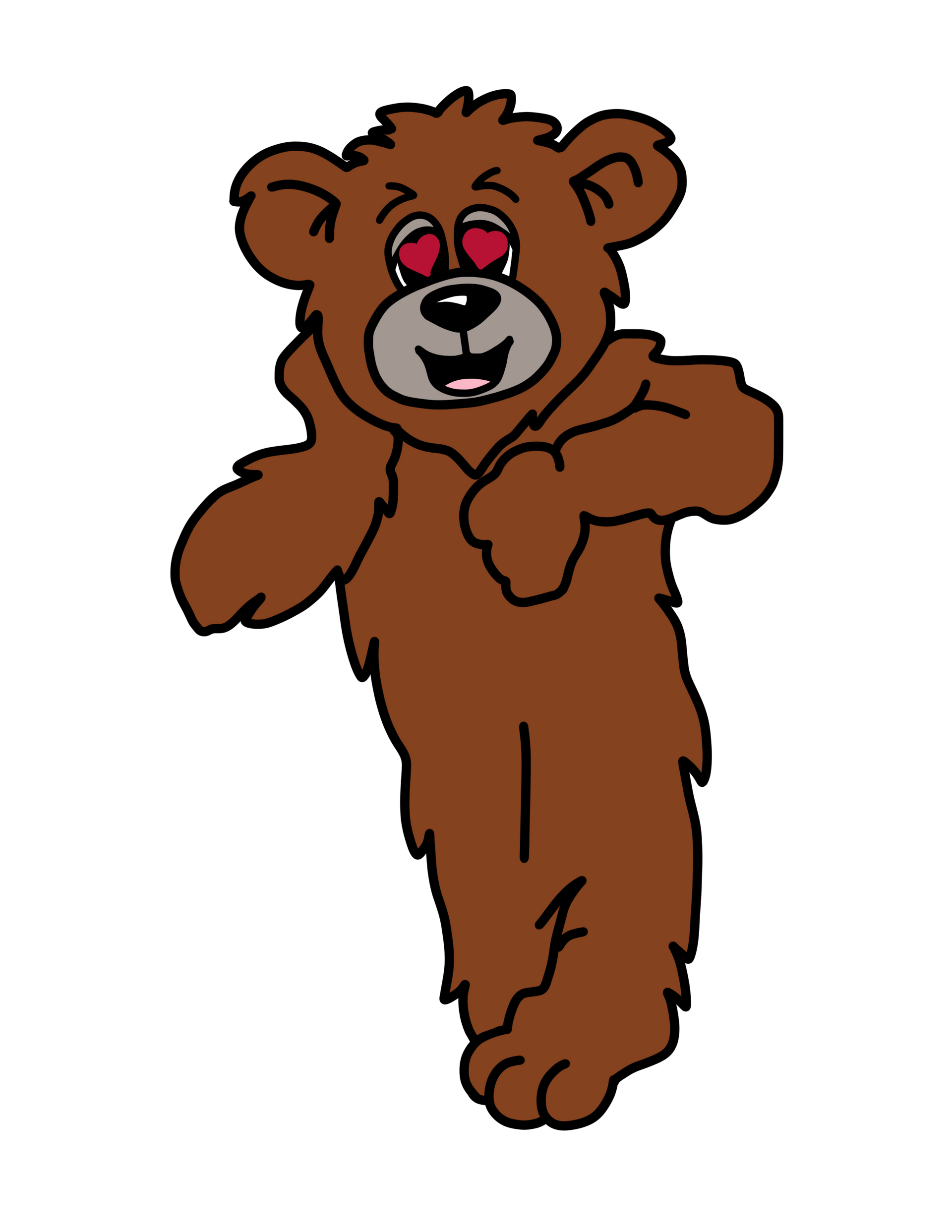 A brown cartoon teddy bear standing with arms slightly raised, looking happy with red heart-shaped eyes.