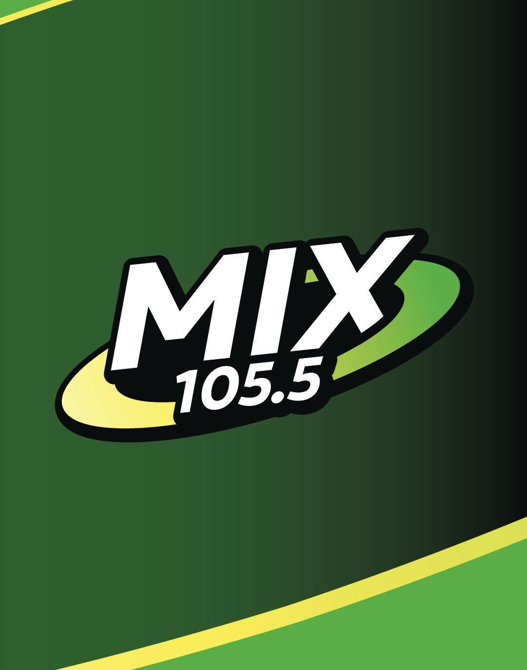MIX 105.5 radio station logo on a dark green background with lime accents