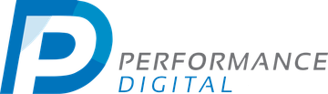 A blue and white logo for performance digital