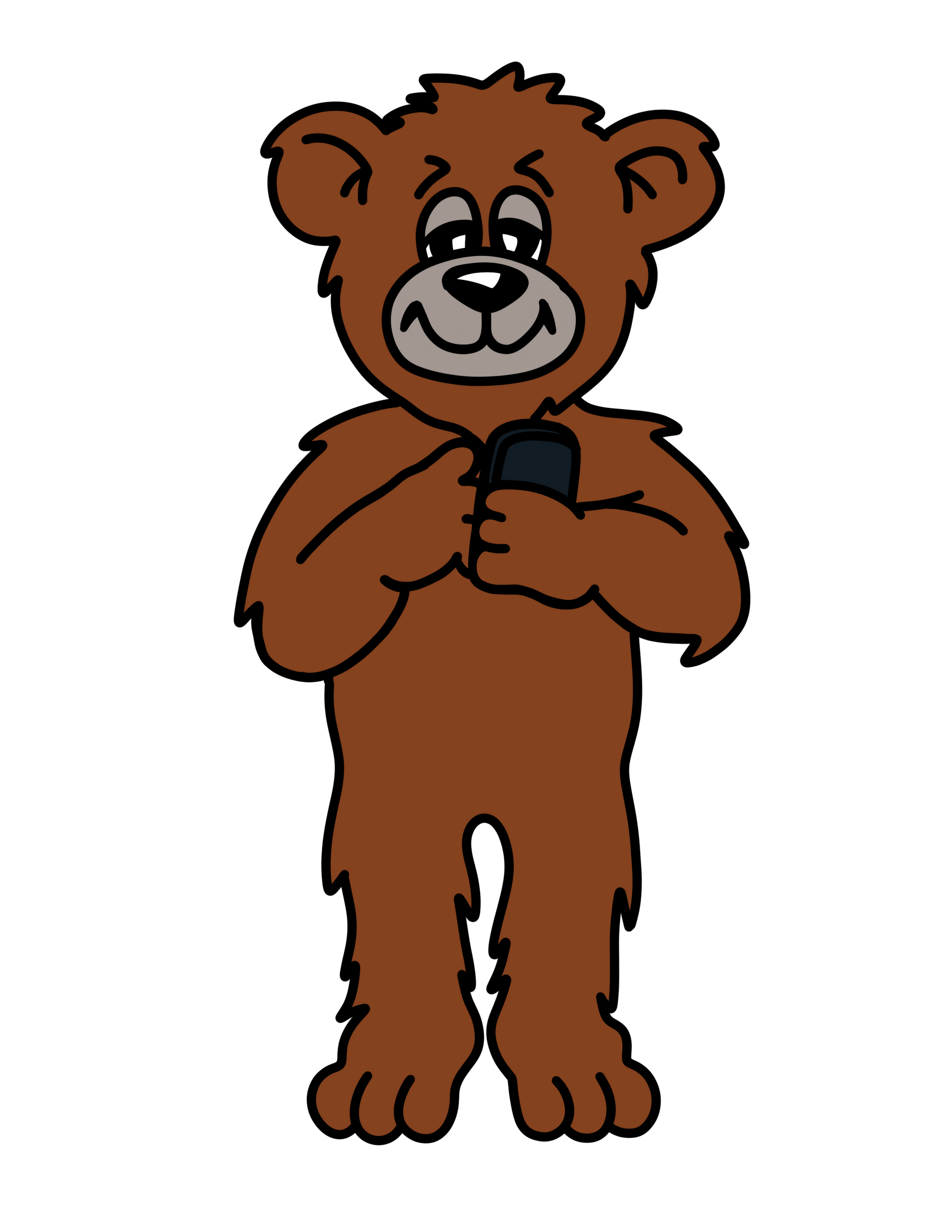 A brown cartoon bear standing and looking down at a small black object held in its paws with a smiling expression.