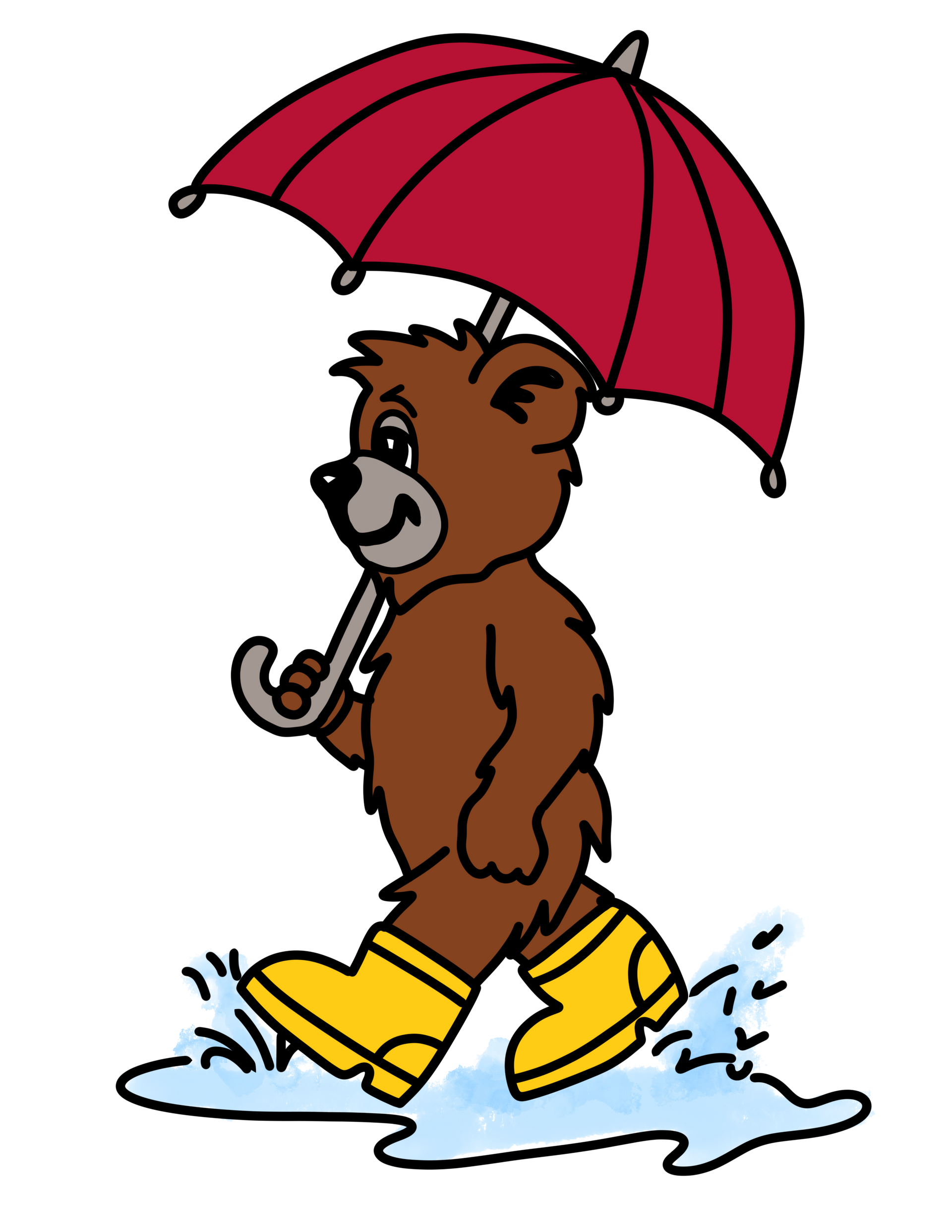 A brown bear in yellow rain boots walks through a puddle while holding a red umbrella.