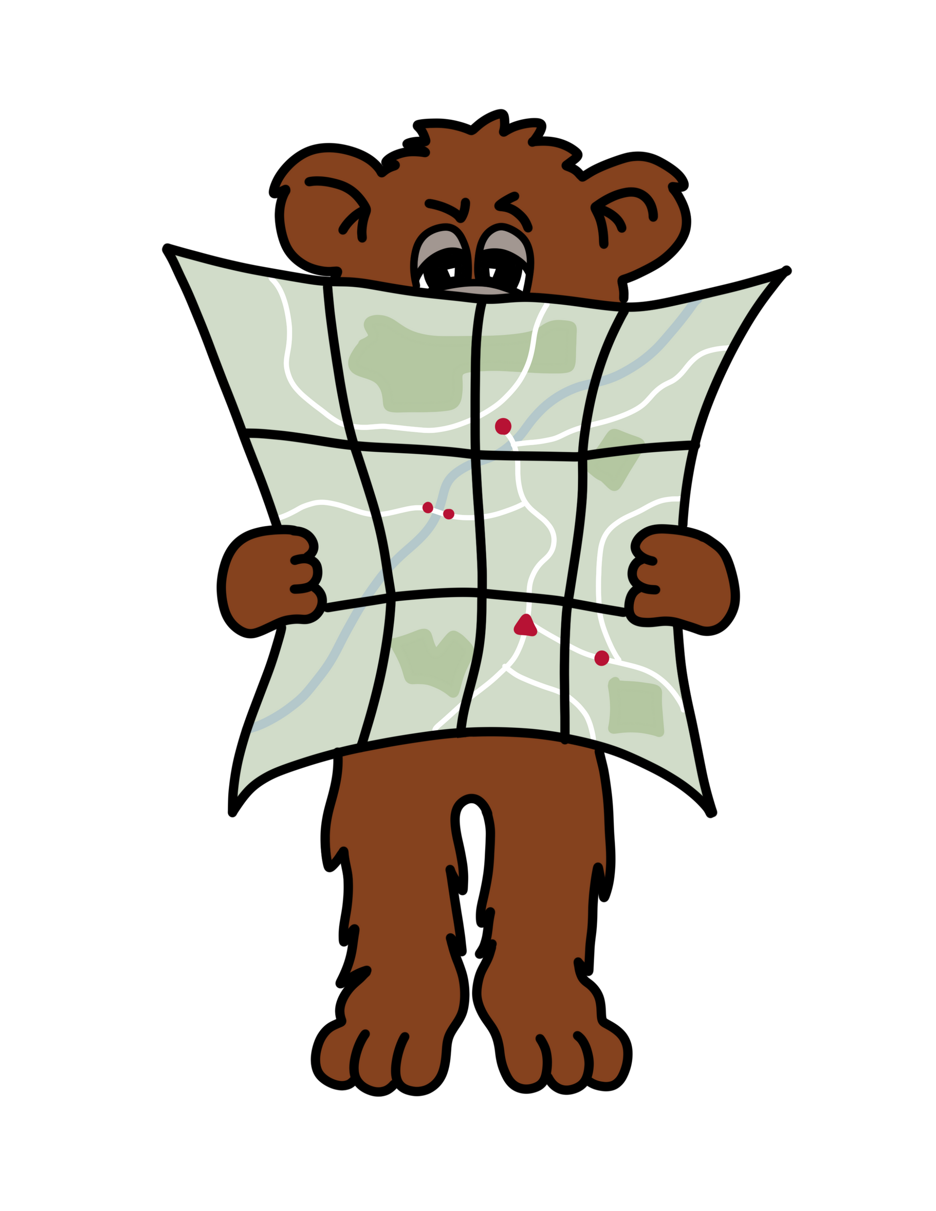 A brown bear holding a folded map in front of its face with a puzzled expression.