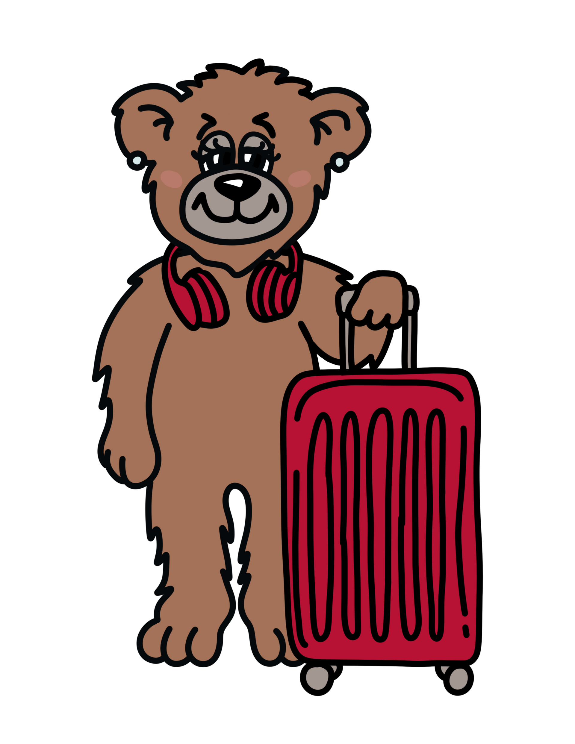 A brown cartoon bear with red headphones stands and holds the handle of a matching red rolling suitcase.