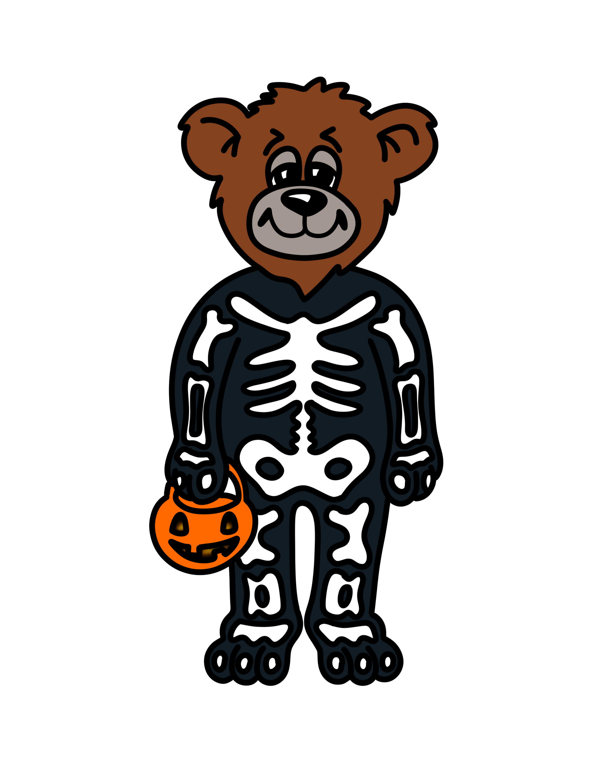 A brown teddy bear wearing a black skeleton costume and holding a small, orange jack-o'-lantern trick-or-treat bucket.
