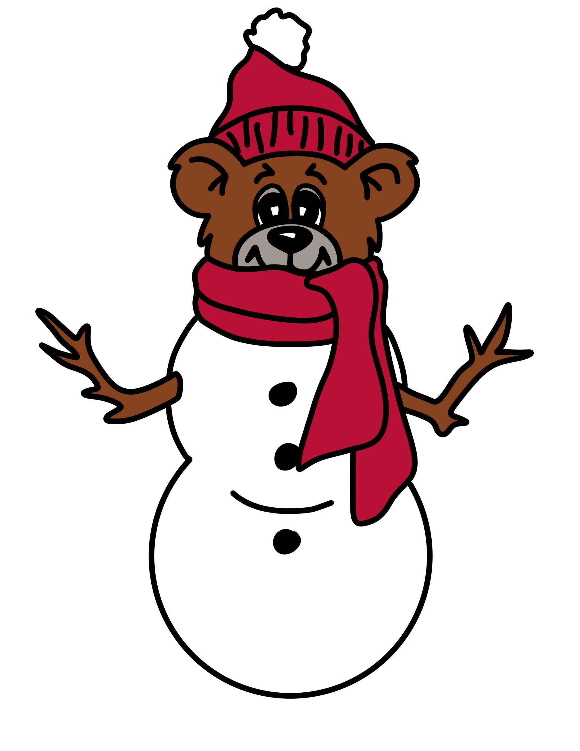 A teddy bear head wearing a red hat and scarf sits atop a snowman body with stick arms.