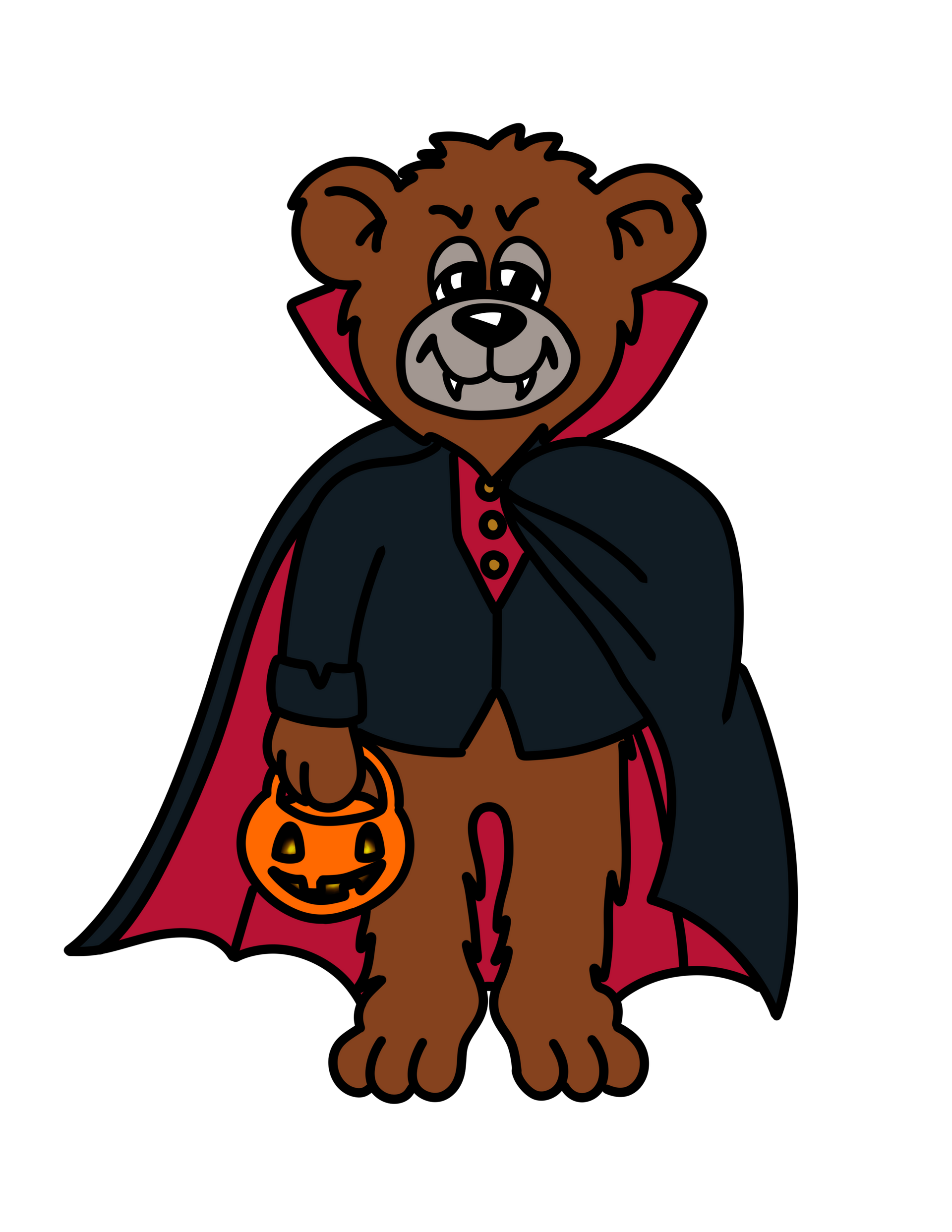 A brown teddy bear dressed as a vampire in a black cape with a red lining, holding a small orange jack-o'-lantern bucket.