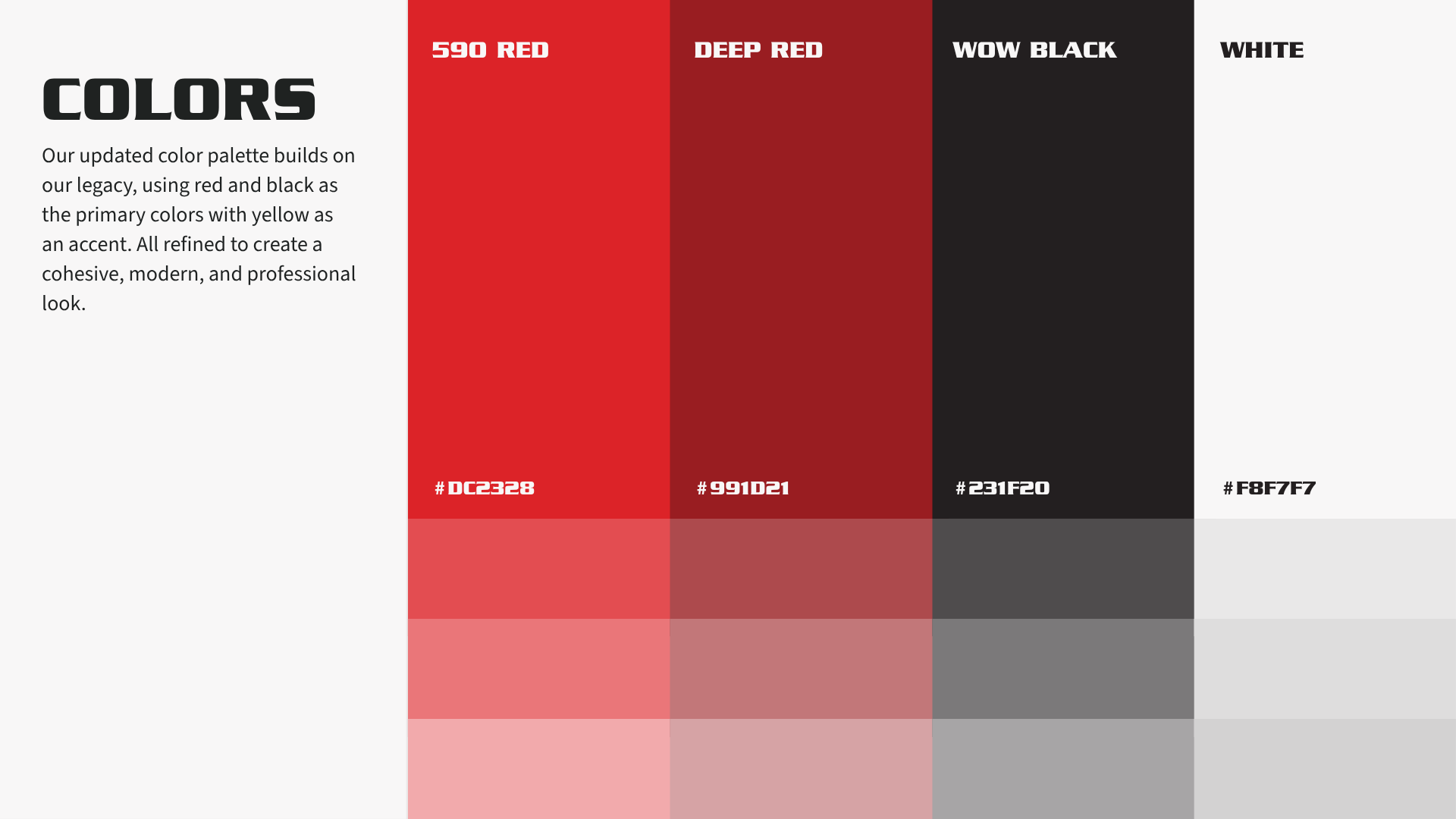 Color palette chart with red, dark red, charcoal, and white swatches and matching tints below
