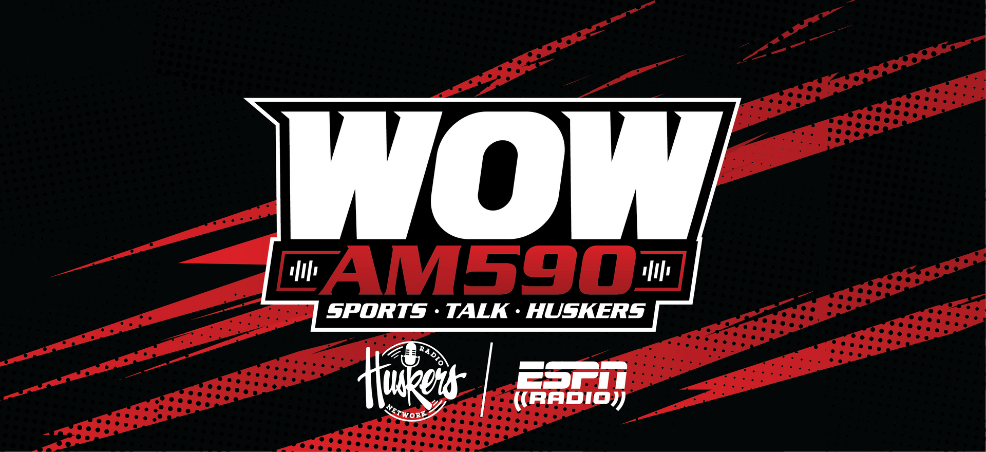 WOW AM 590 sports talk radio logo in white and red on a black background