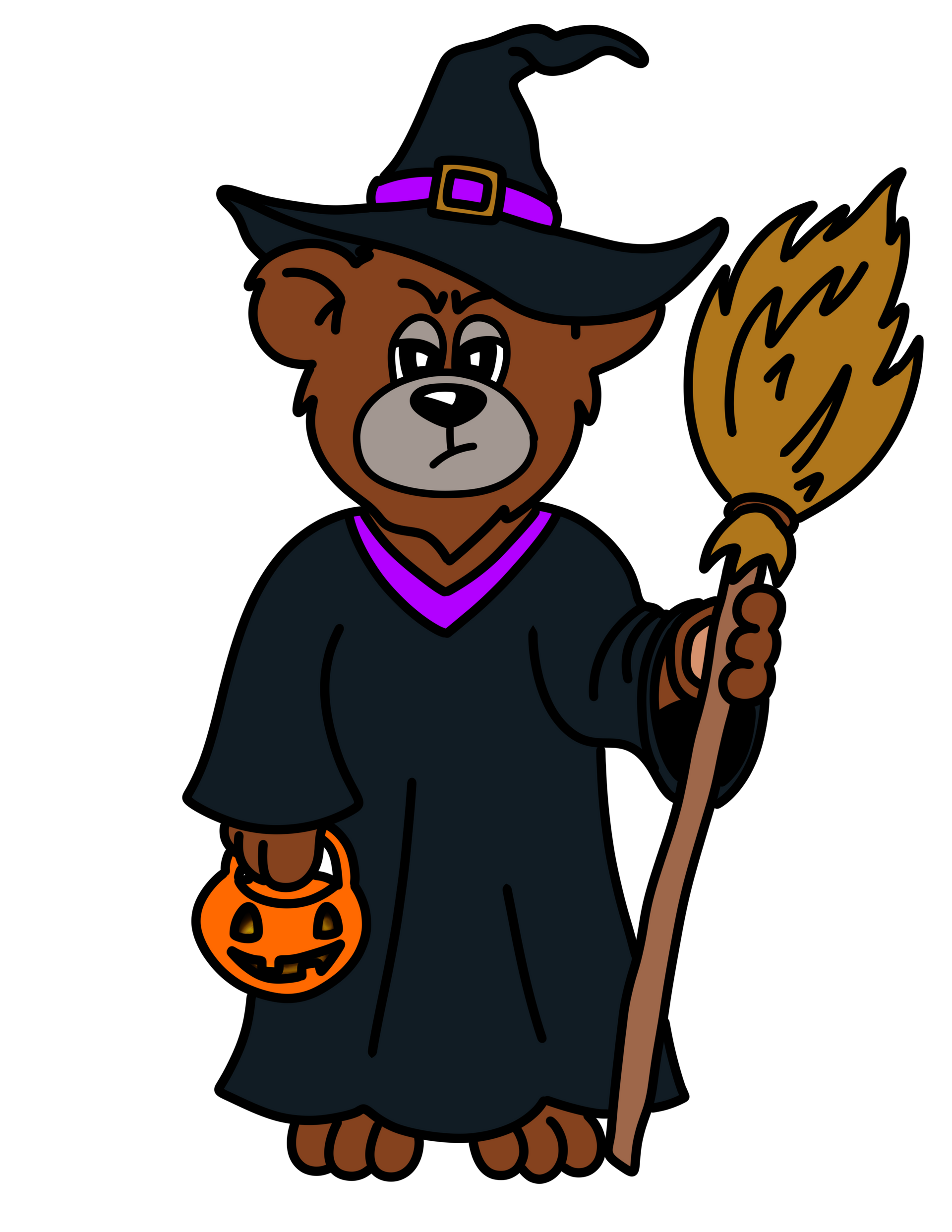 A brown teddy bear wearing a black witch hat and robe, holding a broom in one hand and a jack-o'-lantern bucket.