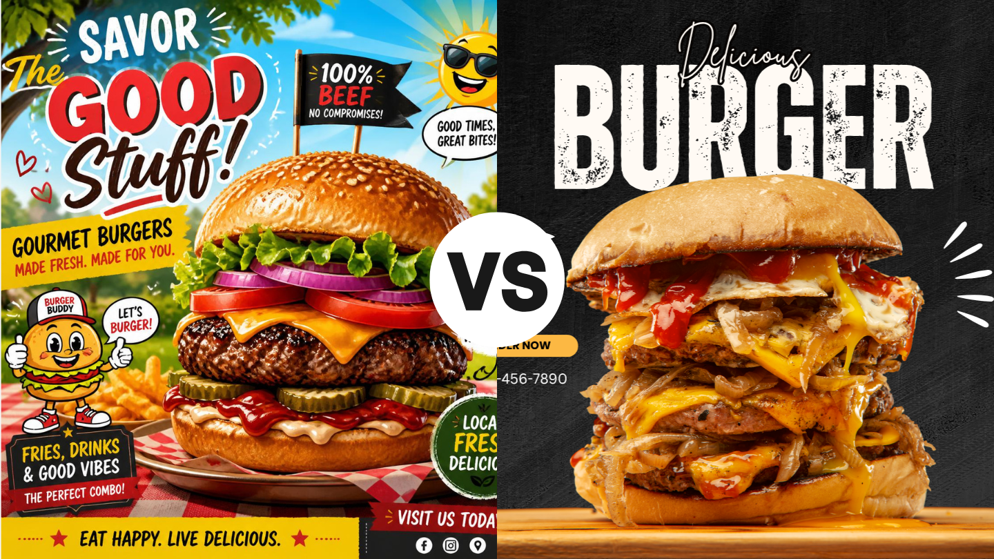 Side-by-side burger ad comparing an AI burger ad and a real burger ad