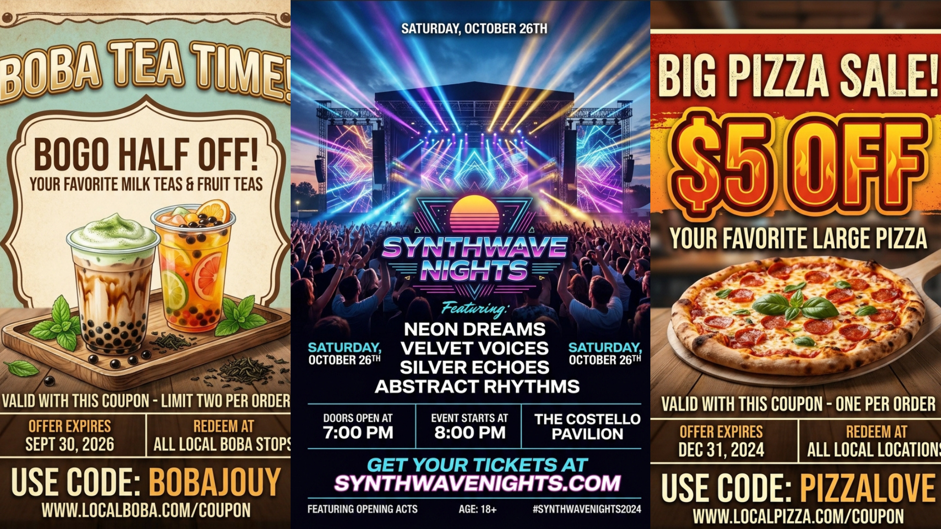 Three AI Generated event flyers: boba tea sale, neon concert night, and big pizza sale