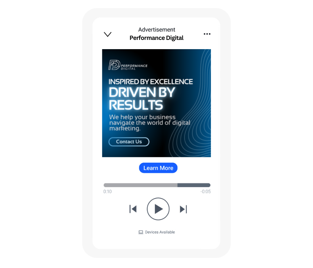 A mobile media player displaying a digital marketing advertisement with the text
