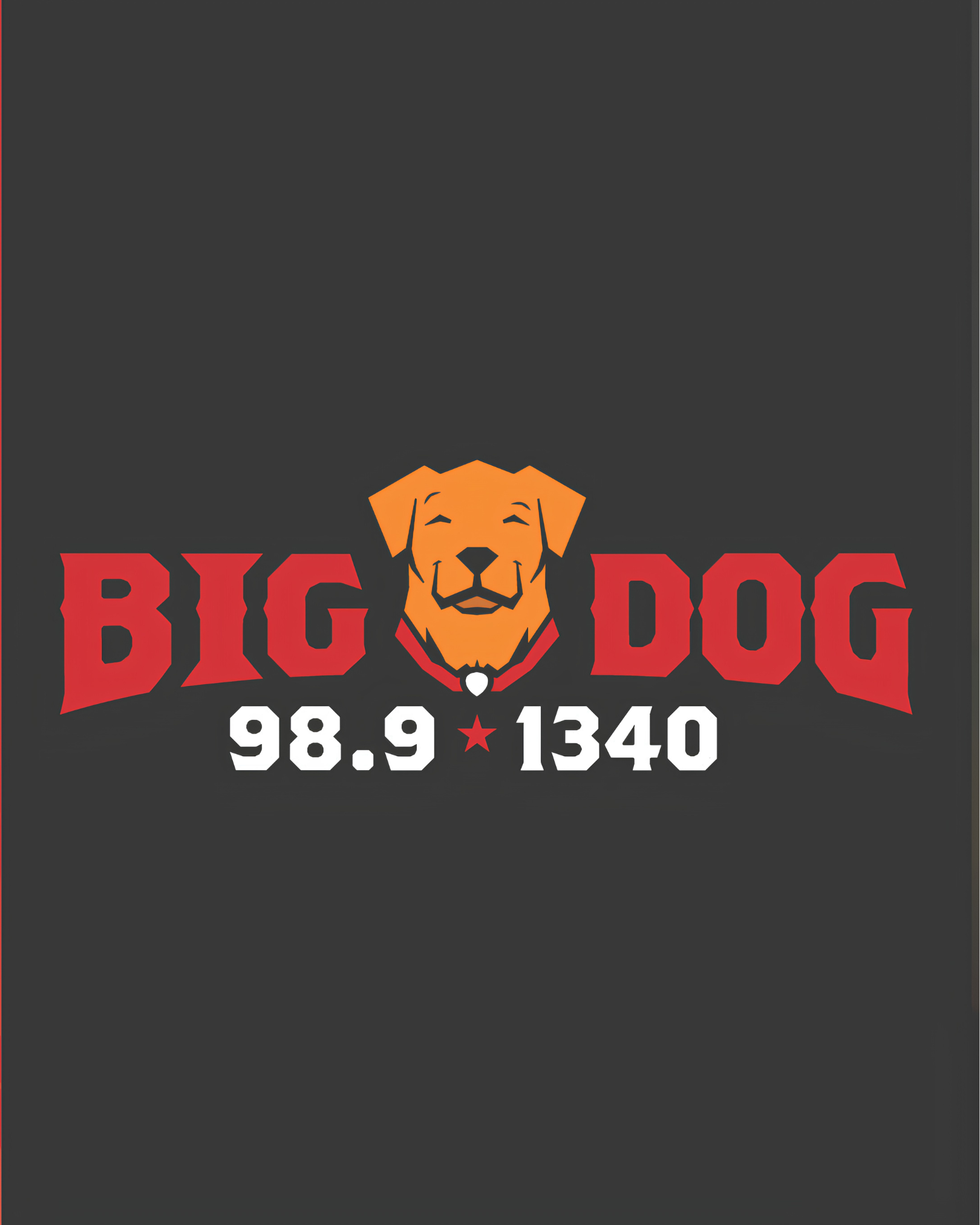 Big Dog logo with orange dog head and red text, “98.9 * 1340” on dark background