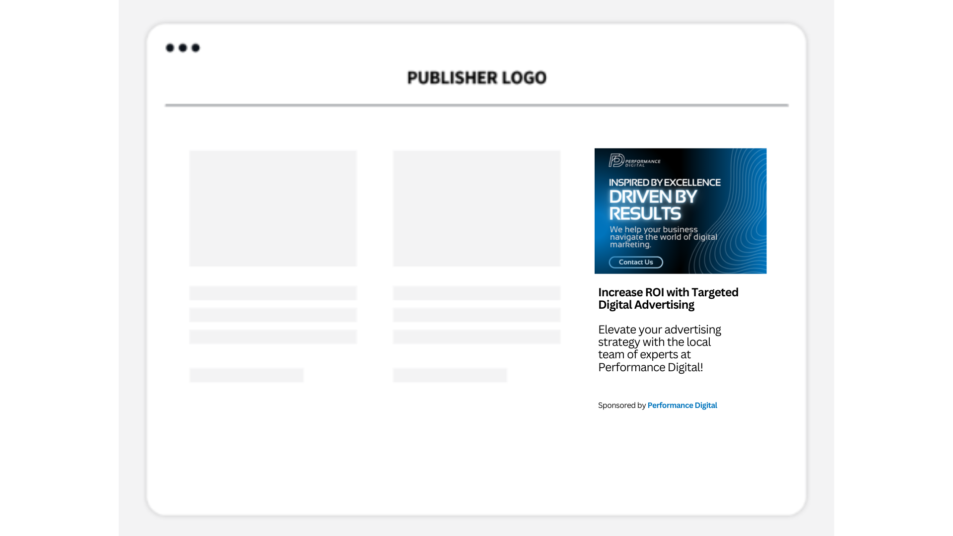A digital layout showing a publisher logo above three content cards, featuring an ad about results-driven digital marketing.