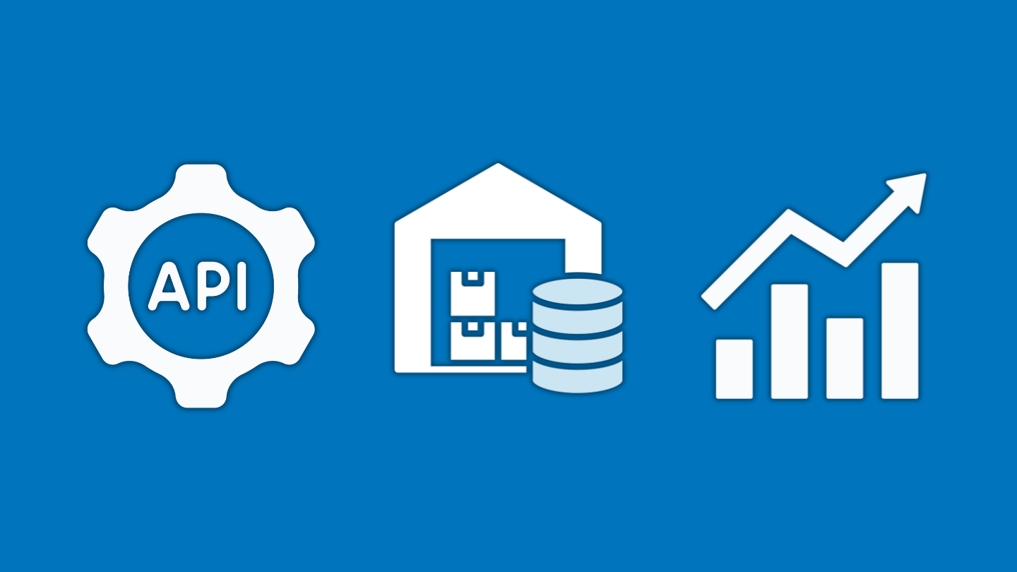Blue icons for API integration, data storage, and business analytics growth chart
