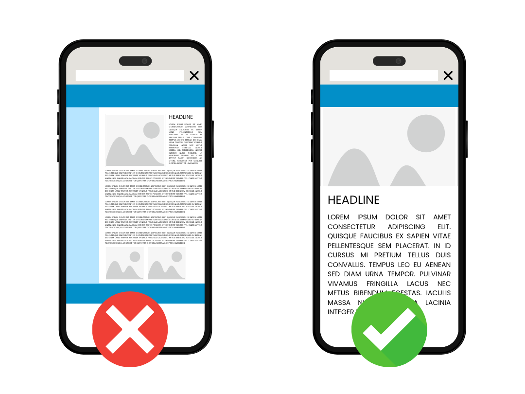 A cell phone with an x on it and a cell phone with a check mark on it.