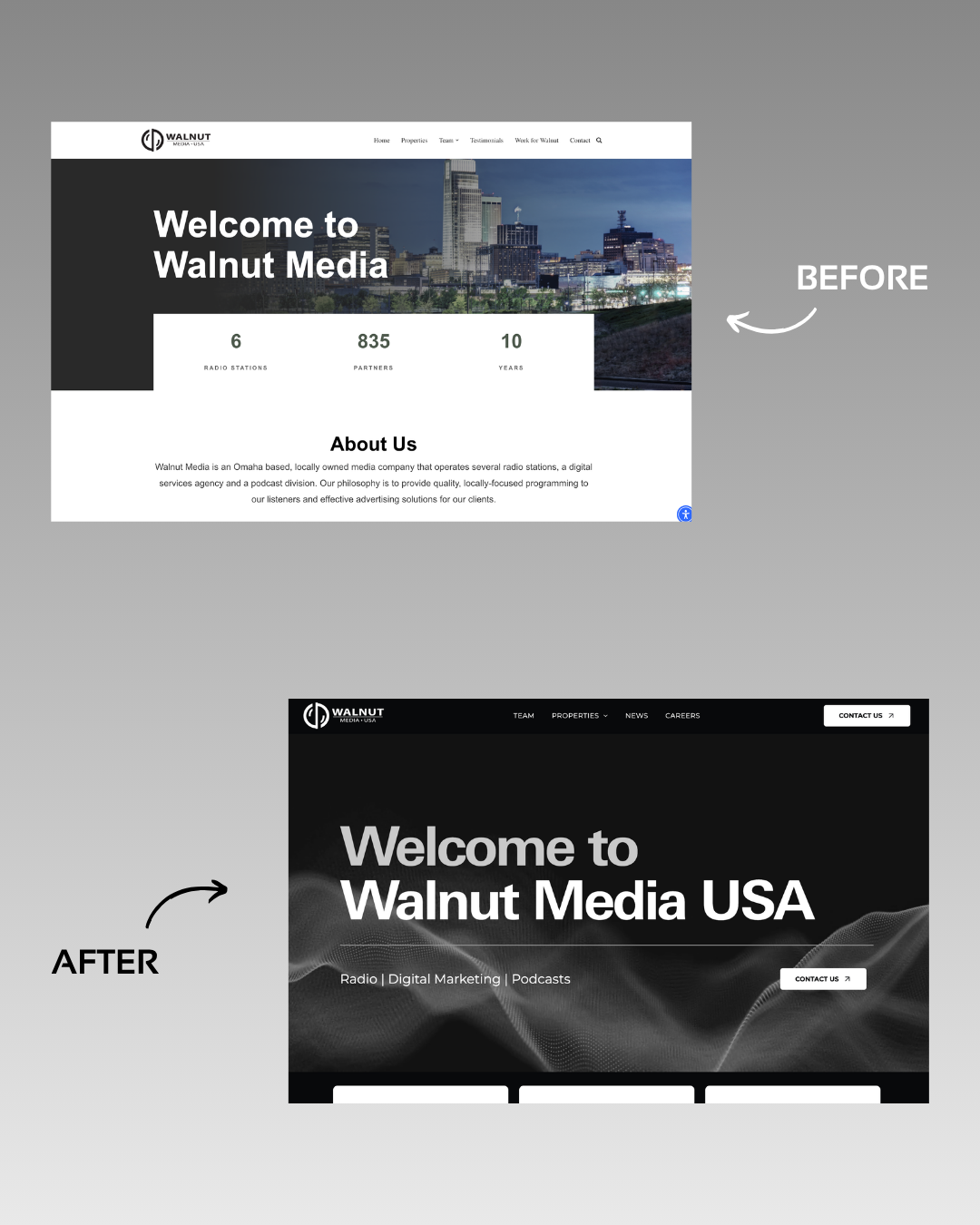 Before and after comparison of a website redesign for 