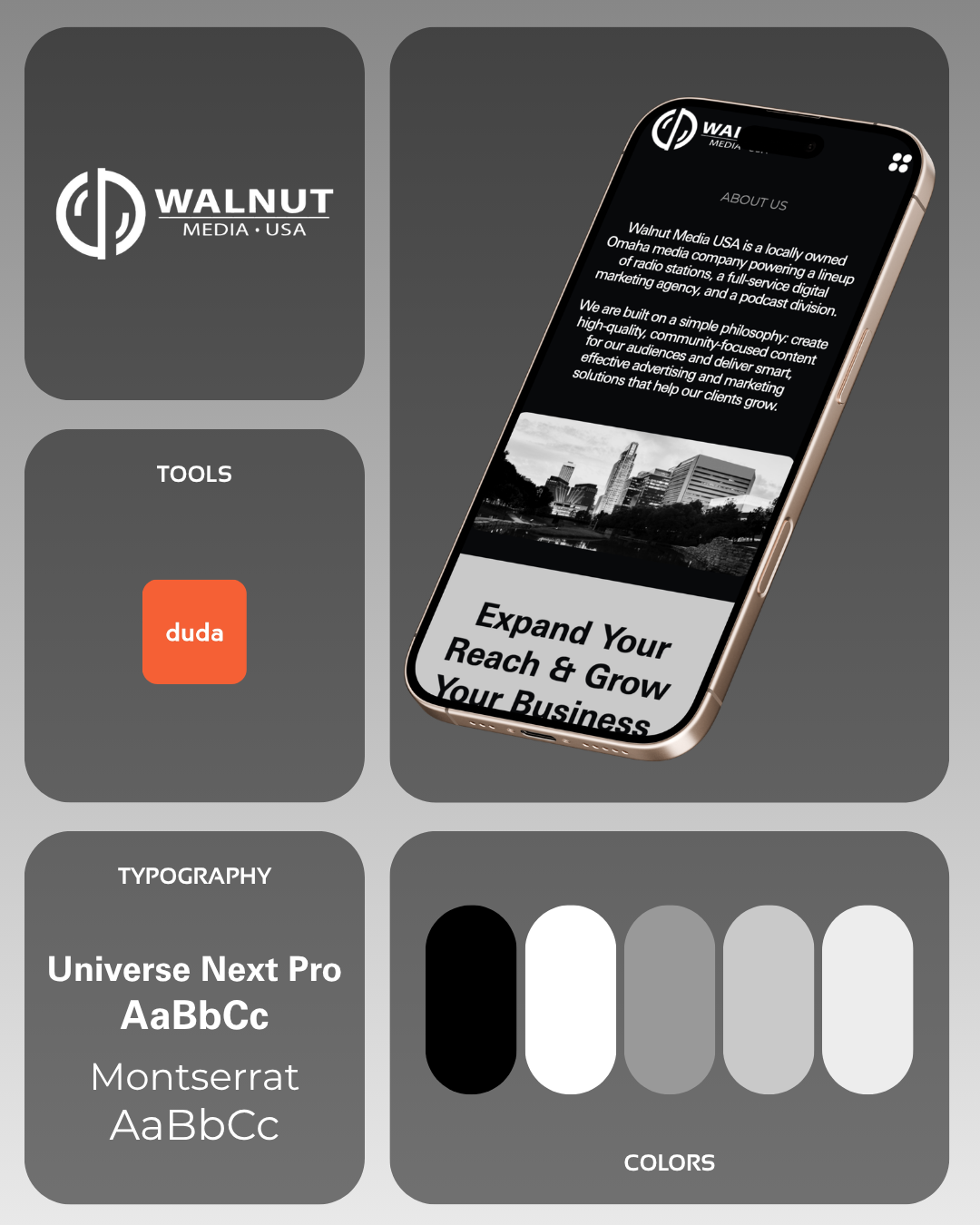 A brand style guide for Madonna including a logo, mobile interface mockup, typography examples, and a five-color palette.