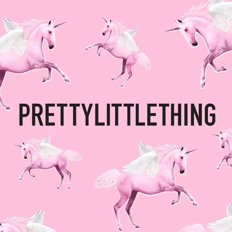 A pink background with pink unicorns and the words prettylittlething