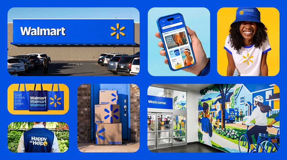 Walmart branding: store, app, smiling person, bags, packages, entrance, and mural. Blue and yellow colors.