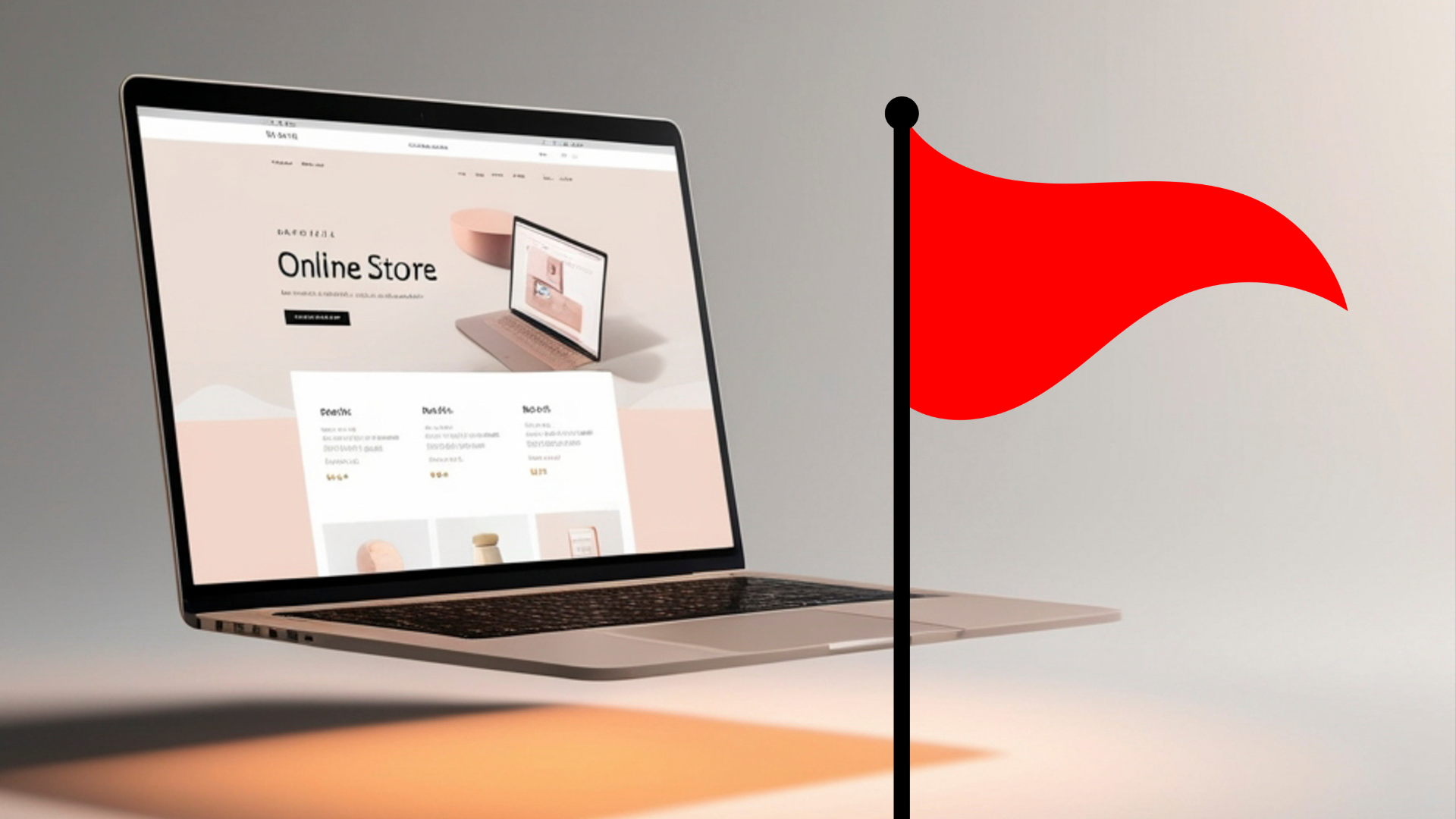 Laptop displaying a website beside a red flag on a black pole