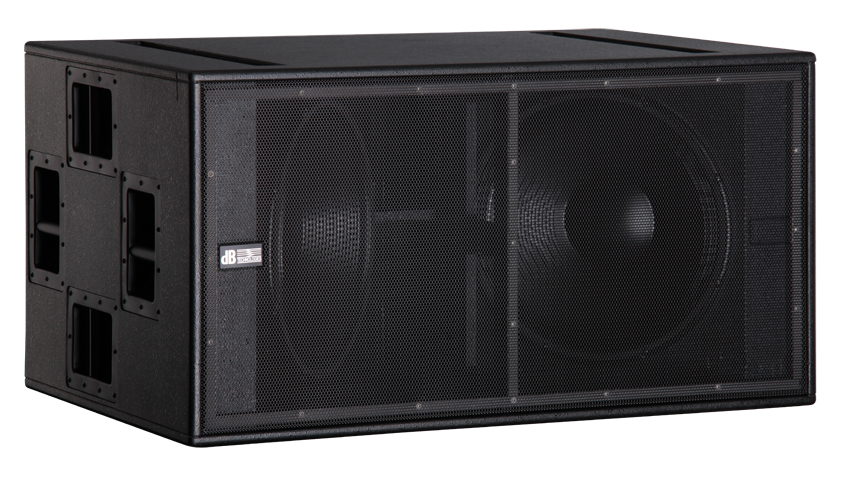 A black subwoofer is sitting on a white surface.