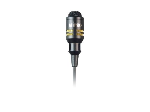 A black microphone with a cord attached to it on a white background.
