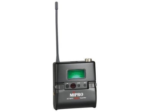 A black wireless microphone with a green screen on a white background.