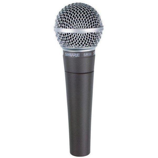 A shure microphone is shown on a white background