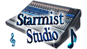 A starmist studio logo with a mixer in the background