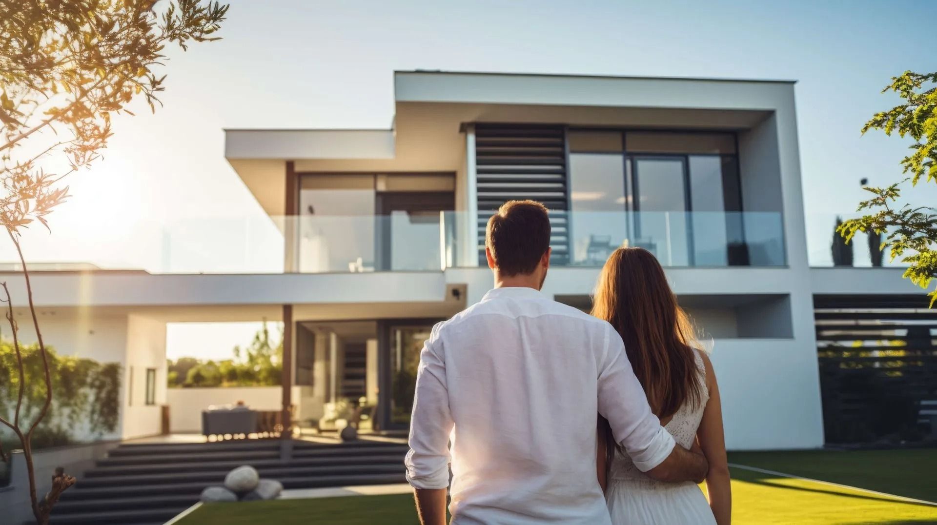 Couple gazing at a modern white house with large windows, bright sunny day.