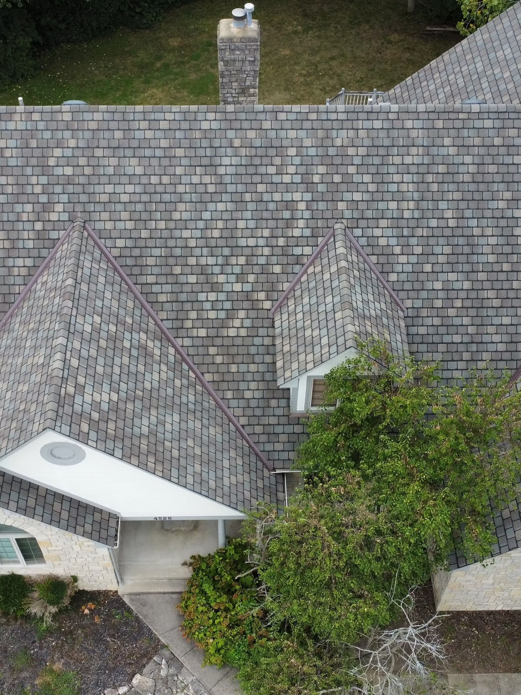 Overhead view of a house with gray slate roof, chimney, and a white carport. Green foliage is in the foreground.