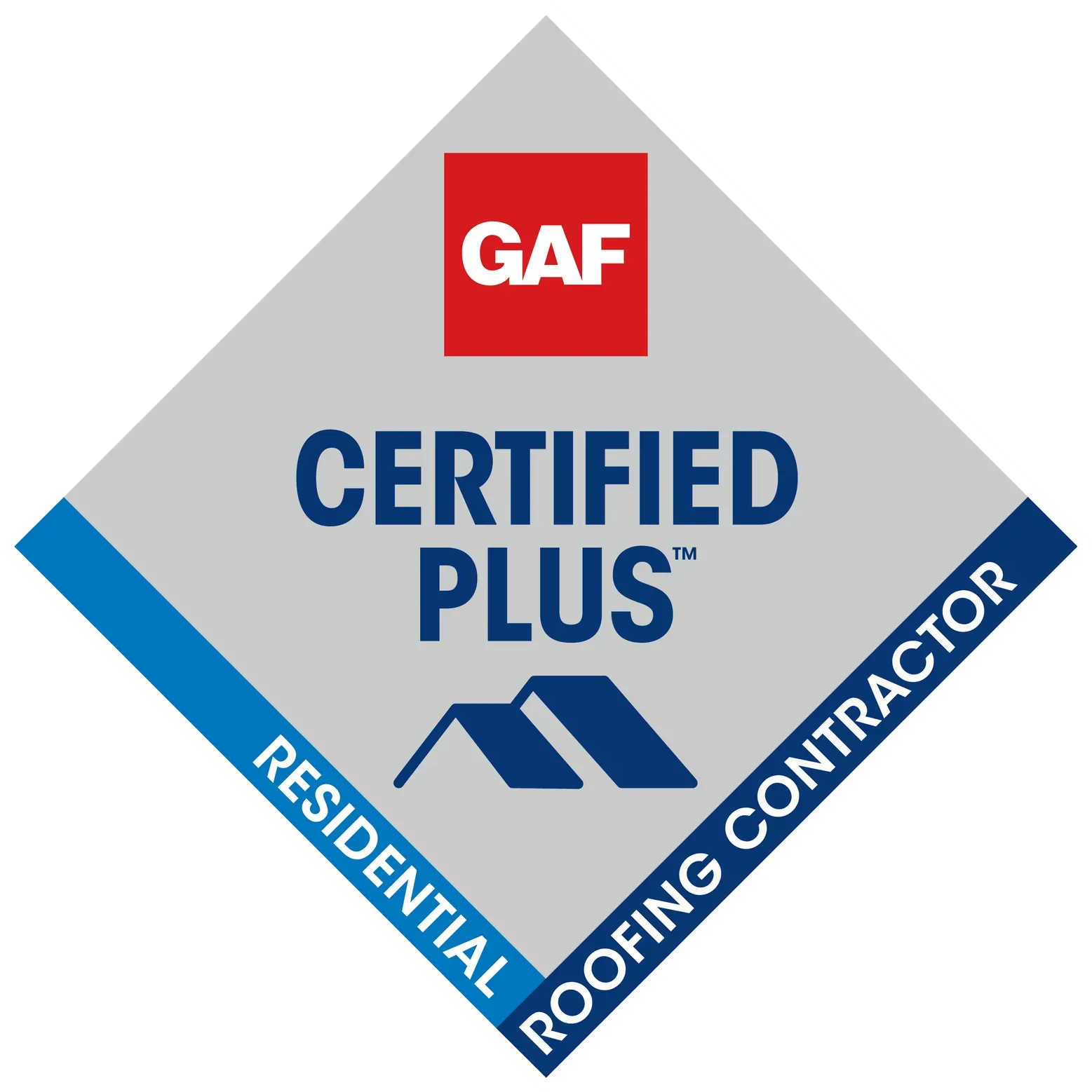 GAF Certified Plus Residential Roofing Contractor logo: grey diamond with blue and red accents.