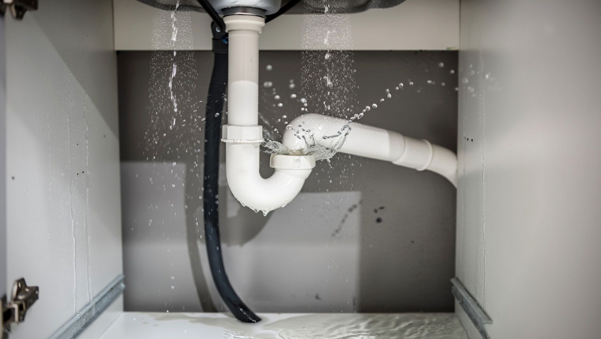 Leaking kitchen sink pipes with water spraying inside cabinet.