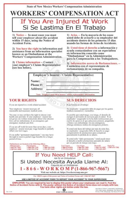 A poster that says workers compensation act if you are injured at work.
