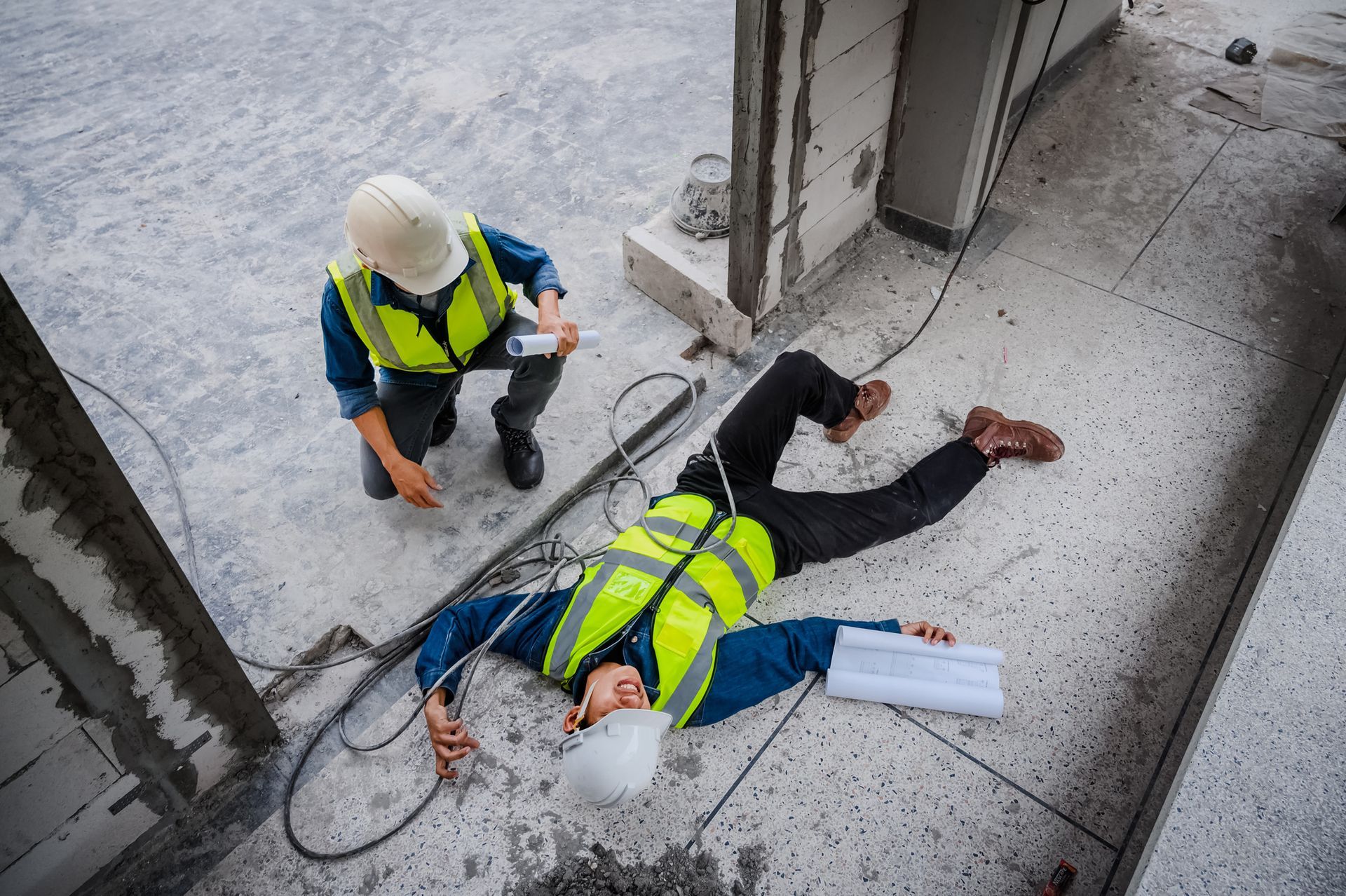 A construction worker is laying on the ground after a fall on a construction site.
